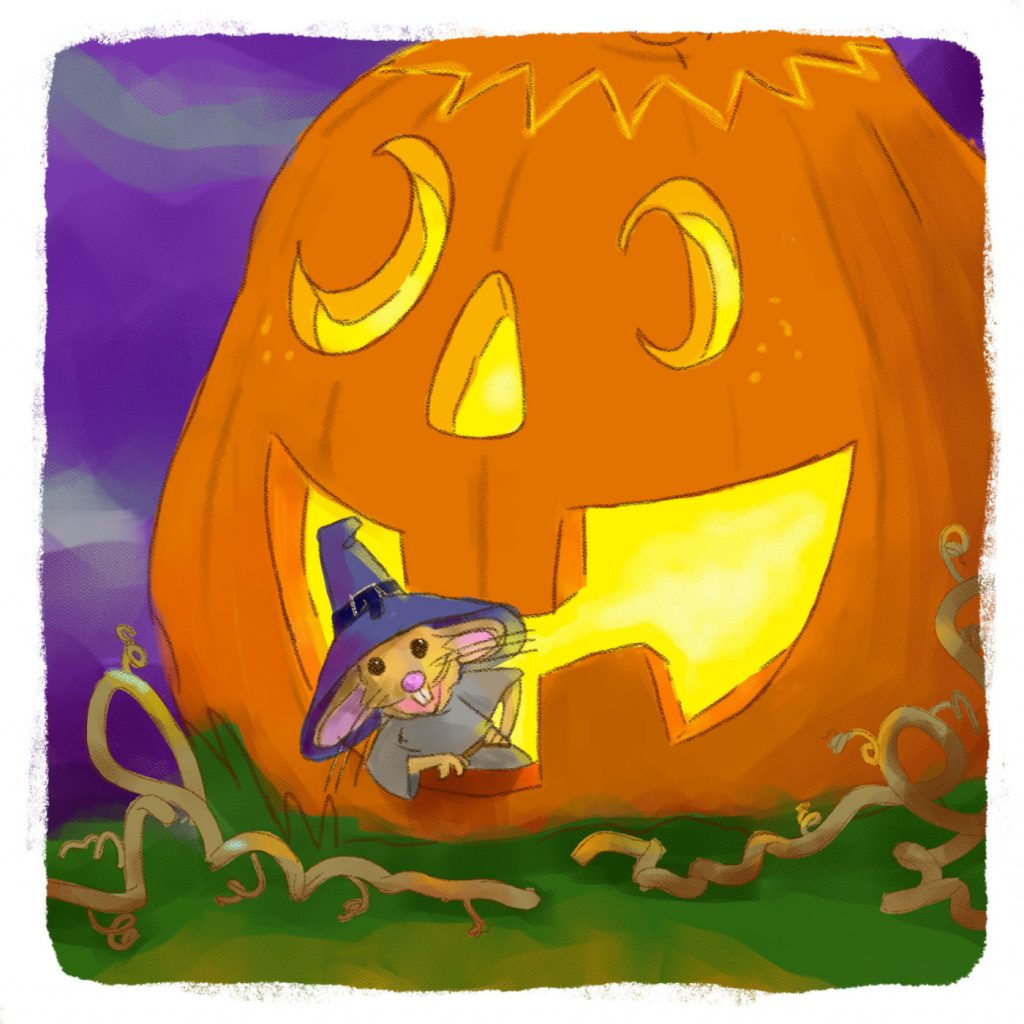 A little witch mouse poking its head out of a lit up jack-o-lantern.