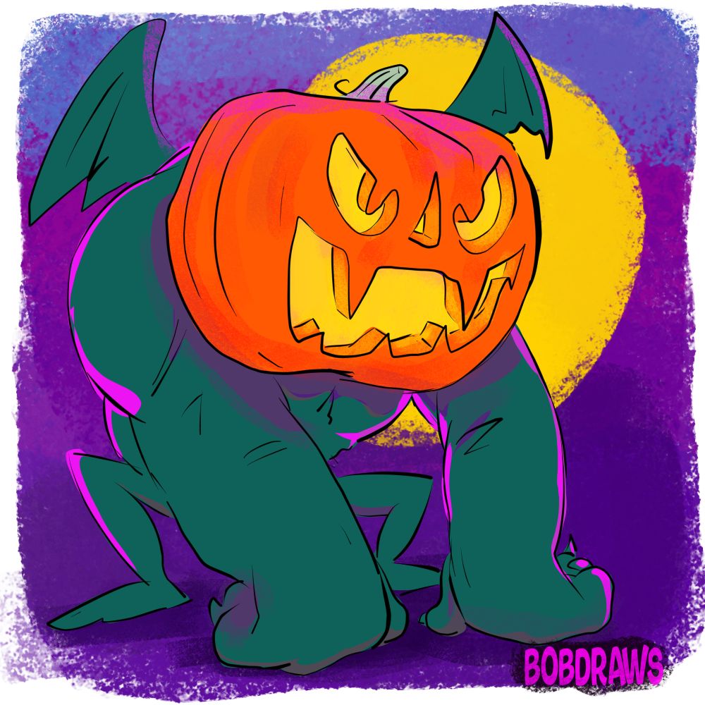 A greenish, muscular monster with a jack-o-lantern for a head and bat wings in front of a bright full moon.